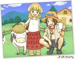  1girl black_hair blonde_hair blue_eyes boots brown_eyes child copyright_name cow freckles glass hat log_pose milk moda one_piece photo_(object) portgas_d_ace squatting yukke 