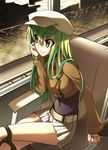  belt c.c. code_geass green_hair hat holding_hands out_of_frame skirt solo_focus train_interior yukari_(konekonekozou) 