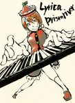  brown_hair buttons character_name dress foreshortening hat instrument keyboard_(instrument) looking_at_viewer lyrica_prismriver music playing_instrument red_dress shou_shishi solo standing tate_eboshi touhou 
