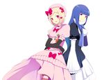  banned_artist blonde_hair blue_hair bow dress elbow_gloves frederica_bernkastel frills gloves hair_bow harano hat lambdadelta long_hair multiple_girls pink_hat ribbon serious short_hair umineko_no_naku_koro_ni 