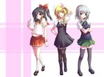  \m/ alternate_costume blonde_hair cellphone contemporary hakurei_reimu izayoi_sakuya kirisame_marisa multiple_girls myaaco pantyhose phone school_uniform thighhighs touhou wallpaper zettai_ryouiki 