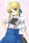  ahoge artoria_pendragon_(all) blonde_hair blouse fate/stay_night fate_(series) green_eyes hand_on_hip manji_taba saber solo 