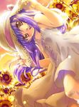  :d bandaid bandaid_on_knee brown_eyes child dress flower hands_on_headwear hat kusui_aruta long_hair open_mouth original purple_hair sleeveless sleeveless_dress smile solo straw_hat sun_hat sundress sunflower 