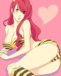  animal_print ass bikini blush breasts cleavage cosplay hair_over_one_eye heart horns kirijou_mitsuru large_breasts long_hair lowres lum lum_(cosplay) oekaki persona persona_3 red_eyes red_hair solo sumitan swimsuit tiger_print urusei_yatsura 