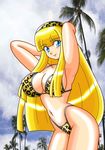  animal_print arms_up bad_(shinda_kana) bangs bikini blonde_hair blue_eyes blunt_bangs breasts hairband highleg highleg_bikini highleg_swimsuit jennifer_alexander large_breasts leopard_print long_hair original solo swimsuit 