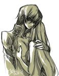  1girl c.c. clothed_male_nude_female code_geass couple creayus dated fangs green hetero holding hug lelouch_lamperouge licking long_hair monochrome nude protecting teeth 