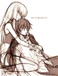  1girl brown c.c. code_geass couple creayus hetero holding hug hug_from_behind lelouch_lamperouge long_hair monochrome reclining 