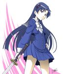  blue_eyes blue_hair cosplay flat_chest idolmaster idolmaster_(classic) idolmaster_1 imai_asami katana kisaragi_chihaya kuzumi_chizuru long_hair minazuki_tsuyuha school_uniform seiken_no_faeries seiyuu_connection skirt solo sword weapon 