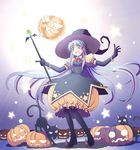  bad_id bad_pixiv_id blue_hair bubble_skirt cat dress green_eyes halloween hat jack-o'-lantern long_hair mochizuki_saku orange_dress original pantyhose pumpkin skirt solo staff star very_long_hair witch_hat 