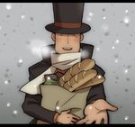  artist_request closed_eyes groceries hat hershel_layton looking_at_viewer lowres male_focus pov professor_layton scarf smile snow solo top_hat 