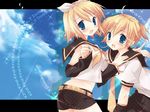  1girl ass bad_id bad_pixiv_id blonde_hair blue_eyes brother_and_sister cloud day hair_ribbon kagamine_len kagamine_rin kiaki open_mouth ribbon romaji short_hair siblings sky twins vocaloid 