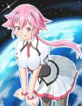  between_breasts breast_press breasts highres large_breasts long_hair majin_(marcia) pink_eyes pink_hair shishidou_akiha smile solo sora_wo_kakeru_shoujo space thighhighs wristband 