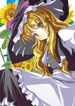  apron black_hat black_vest blonde_hair bow flower hair_bow hat hat_bow highres jpeg_artifacts kazumasa kirisame_marisa looking_at_viewer purple_bow solo sunflower touhou vest waist_apron white_bow witch_hat yellow_eyes 