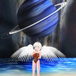  bad_id bad_pixiv_id blue_eyes casual_one-piece_swimsuit highres one-piece_swimsuit original planet short_hair solo space star suika_m swimsuit water white_hair wings 