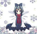  :o adapted_costume bad_id bad_pixiv_id blue_eyes blue_hair bow bowtie cirno dress hair_ribbon maki_(natoriumu) ribbon short_hair solo touhou wide_sleeves wings 