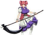  breasts hair_bobbles hair_ornament hisakawa_riho huge_breasts onozuka_komachi red_eyes red_hair scythe short_hair solo touhou two_side_up 