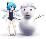  barefoot child cirno cosplay flat_chest hands_on_hips kusaba_(kusabashiki) letty_whiterock letty_whiterock_(cosplay) one-piece_swimsuit school_swimsuit snow snowman solo swimsuit touhou 