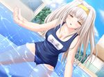  breasts cleavage dutch_angle game_cg hairband half-closed_eyes inakoi kujou_hiina large_breasts long_hair name_tag non-web_source one-piece_swimsuit pool pool_ladder school_swimsuit silver_hair solo swimsuit tenmaso wading water yellow_eyes 
