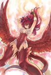  armpits claws dutch_angle feathered_wings feathers from_below fureriana harpy horns long_hair monster_girl orange_eyes ran'ou_(tamago_no_kimi) red_hair shinrabanshou sky tail thighhighs wings 