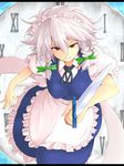  bad_id bad_pixiv_id braid izayoi_sakuya knife maid red_eyes short_hair silver_hair solo touhou twin_braids yude 