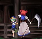  against_wall closed_eyes crossed_arms from_behind green_hair hat hitsuji_bako multiple_girls onozuka_komachi red_hair rod_of_remorse scythe shiki_eiki short_hair standing standing_on_one_leg touhou 