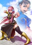  boots chun-li crossover hairband highres long_hair megurine_luka multiple_girls pink_hair pose simulex street_fighter thighhighs vocaloid 