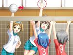  amano_yuu arms_up blue_hair brown_eyes brown_hair directional_arrow dotted_line game_cg gym_uniform jumping meidi!_~goshujin-sama_wa_doukyuusei~ multiple_girls non-web_source short_hair silver_hair sweatdrop volleyball volleyball_net 