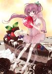  bad_id bad_pixiv_id cake christmas food fruit gift hair_ornament holding holding_food holding_fruit holly holly_hair_ornament in_food minigirl open_mouth original pastry pink_hair pointy_ears ponytail slice_of_cake solo strawberry thighhighs uzuki_eri 