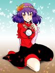  aku_(dejigiga) bad_id bad_pixiv_id hair_ornament hairband leaf_hair_ornament mirror purple_hair red_eyes short_hair solo touhou yasaka_kanako 