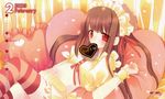  absurdres brown_hair copyright_request frilled_pillow frills heart heart_pillow highres hinayuki_usa long_hair midriff navel pillow red_eyes solo striped striped_legwear thighhighs 