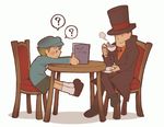  artist_request book hat hershel_layton lowres luke_triton male_focus multiple_boys professor_layton table tea top_hat 