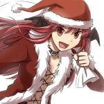  1girl :d bangs bat_wings belt belt_collar black_belt black_wings coat collar commentary_request eyebrows_visible_through_hair fur-trimmed_coat fur_trim grin hat head_wings holding long_hair looking_at_viewer natsuya_(kuttuki) navel open_mouth ragnarok_online red_coat red_eyes red_hair rogue_(ragnarok_online) santa_hat simple_background smile solo upper_body white_background wings 