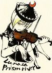  black_dress blonde_hair crescent dress hat head_tilt instrument long_sleeves looking_at_viewer lunasa_prismriver music playing_instrument short_hair shou_shishi simple_background solo touhou violin yellow_background yellow_eyes 