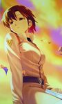  belt brown_eyes brown_hair cloud from_below ibuki_maya koutaro neon_genesis_evangelion non-web_source pantyhose short_hair sky solo sunset uniform 