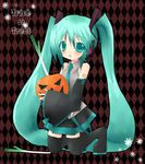  aqua_eyes aqua_hair argyle argyle_background ayabisu blush detached_sleeves halloween hatsune_miku jack-o'-lantern kneeling long_hair necktie open_mouth pumpkin skirt solo spring_onion thighhighs trick_or_treat twintails very_long_hair vocaloid 