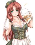  alcohol alternate_costume beer beer_mug blush bodice bow braid breasts bust_cup cleavage cup dirndl drunk german_clothes green_eyes hair_bow hat holding holding_cup hong_meiling large_breasts long_hair looking_at_viewer moneti_(daifuku) oktoberfest red_hair solo touhou twin_braids 