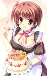  :d absurdres breasts brown_eyes brown_hair cake cleavage da_capo da_capo_iii detached_collar food fruit highres hinomoto_aoi large_breasts open_mouth smile strawberry takano_yuki_(allegro_mistic) waitress 