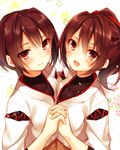  :d brown_eyes brown_hair hair_ribbon holding_hands hyuuga_(kantai_collection) interlocked_fingers ise_(kantai_collection) japanese_clothes kantai_collection looking_at_viewer multiple_girls open_mouth ponytail ribbon short_hair smile symmetrical_hand_pose toosaka_asagi 