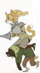  blonde_hair cat ear_tuft feline female frillybiscuits fur green_eyes hair jouste jousting lance lance_(weapon) mammal piggyback piggyback_riding tuft weapon 