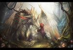  cape dragon fantasy flower forest fuji_q horn long_hair nature orange_hair original tree wings 