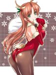  alternate_costume animal_ears antlers ass blue_eyes blush braid breasts christmas elbow_gloves gloves green_eyes hat hat_removed headwear_removed hong_meiling large_breasts leotard long_hair moneti_(daifuku) pantyhose plaid plaid_background red_gloves red_hair red_leotard reindeer_antlers reindeer_ears reindeer_tail sack santa_hat smile snowflakes solo tail touhou twin_braids 
