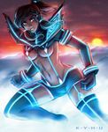  avatar:_the_last_airbender avatar_(series) black_hair blue_eyes boots boyshorts breasts clenched_hands dark_skin elbow_gloves gloves hair_tubes iahfy kamui_(kill_la_kill) kill_la_kill korra navel neon_trim parody revealing_clothes sidelocks solo suspenders the_legend_of_korra thigh_boots thighhighs underboob 