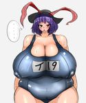  1girl breasts covered_nipples erect_nipples fat female gigantic_breasts hat highres nagae_iku one-piece_swimsuit open_mouth purple_eyes purple_hair short_hair simple_background solo standing sweat swimsuit tensai427 touhou white_background 