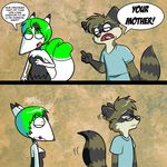  canine comic duo ear_piercing eyewear female fox glasses green_hair hair lipstick male mammal piercing raccoon technicolor_pie your_mother 