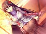  1girl black_hair blush brown_eyes erect! euphoria_trinity game_cg hair_ornament long_hair piromizu ribbon ribbons scarf skirt solo trinity_euphoria 