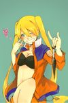  \m/ black_bra blonde_hair blue_eyes blush bra breasts cleavage genderswap genderswap_(mtf) grin heart jacket konohagakure_symbol kunai long_hair medium_breasts naruko naruto naruto_(series) one_eye_closed open_clothes open_jacket poncho_(pon_1218) shorts simple_background smile twintails underwear uzumaki_naruto very_long_hair weapon whisker_markings 