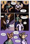  anthro barefoot blonde_hair boardwalk boneitis brown_hair canine clothing comic dialog ear_piercing false_start green_eyes grin hair leon_henderson male mammal night outside pants piercing purple_eyes purple_nose shirt simon smile text 