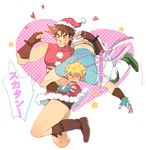 ^_^ ass ass_grab bad_id bad_pixiv_id bandana belt blonde_hair blue_eyes blush boots brown_hair caesar_anthonio_zeppeli carrying_over_shoulder catsizuru clenched_hand closed_eyes collarbone cross-laced_footwear crossdressing embarrassed fingerless_gloves flying_sweatdrops full-face_blush gauntlets gloves green_eyes grin hat headband heart heart_background highres jojo_no_kimyou_na_bouken joseph_joestar_(young) knee_pads lace-up_boots leather leather_gloves male_focus midriff multiple_boys muscle one_eye_closed open_mouth polka_dot santa_costume santa_hat shirt short_hair shorts shorts_under_skirt smile speech_bubble star struggling studded_belt t-shirt translated wristband yaoi 