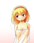  alice_margatroid arms_behind_back bare_shoulders blonde_hair blue_eyes blush breasts camisole cleavage futatsuki_hisame hairband medium_breasts short_hair solo sweatdrop touhou 