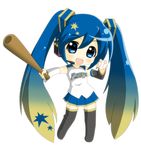  alternate_costume baseball baseball_bat blue_eyes blue_hair detached_sleeves gradient_hair hatsune_miku headset highres hokkaido_nippon-ham_fighters long_hair multicolored_hair nippon_professional_baseball simple_background skirt solo star thighhighs twintails very_long_hair vocaloid white_background yasu_(defcon-1) 